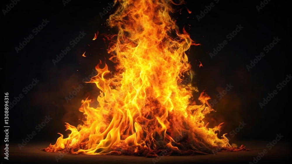 Fototapeta premium A towering inferno with blazing orange and yellow flames dancing atop a dark, mysterious black background, casting an ominous glow on the surrounding area , intense colors, black background