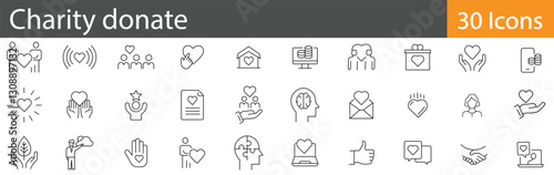 Charity and Donation Line Icons Set. Collection of 30 outline icons representing fundraising, nonprofit support, volunteering, giving, and social welfare. Editable stroke .vector illustration.