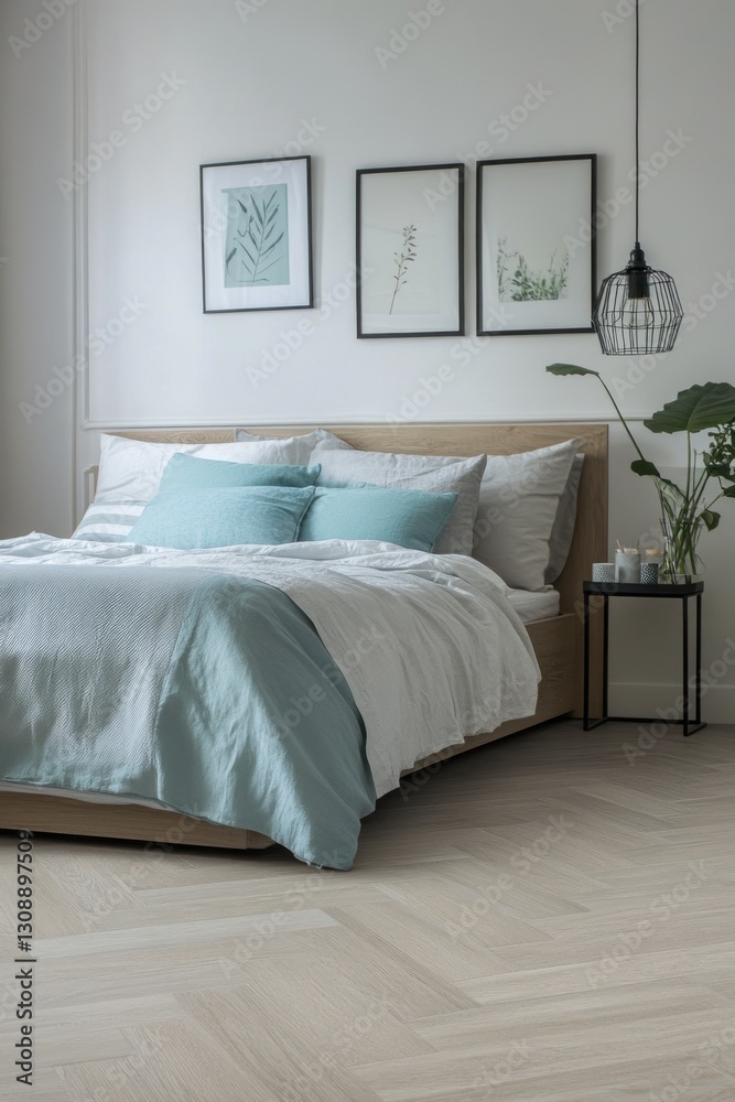 Obraz premium Modern bedroom with light wooden flooring, light teal bedding, and framed artwork.