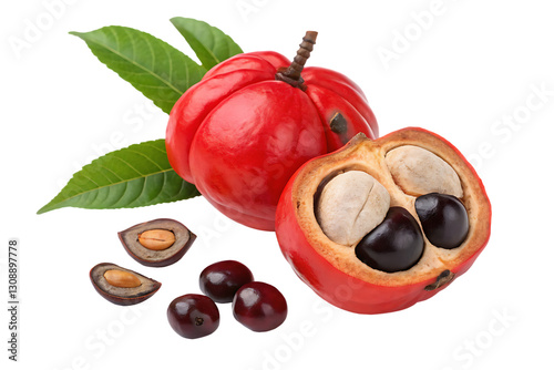 Guarana Fruit with Seeds and Leaves – Isolated on White Background – Transparent PNG – AI Generated