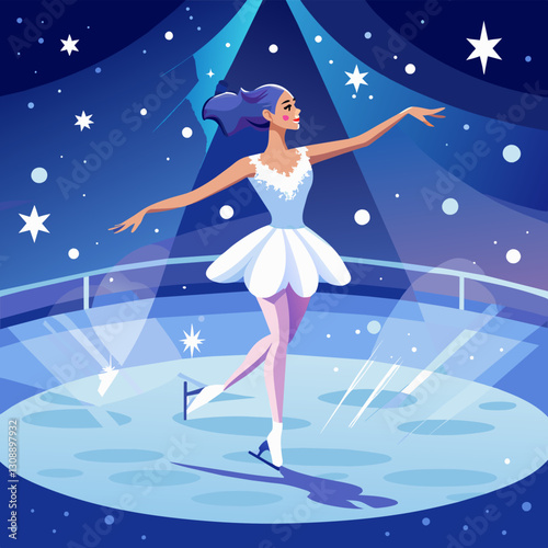 Sweeping across a virtual ice rink in a graceful ice dance competition surrounded by snow and ling lights.. Vector illustration
