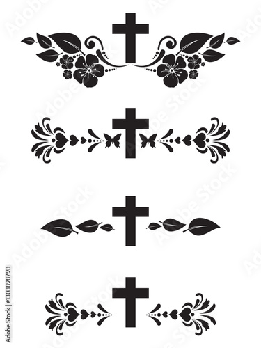 Cross icons set. Obituary notice - art deco frames with cross. Collection of Christian Symbol design elements isolated on White background. Vector illustration