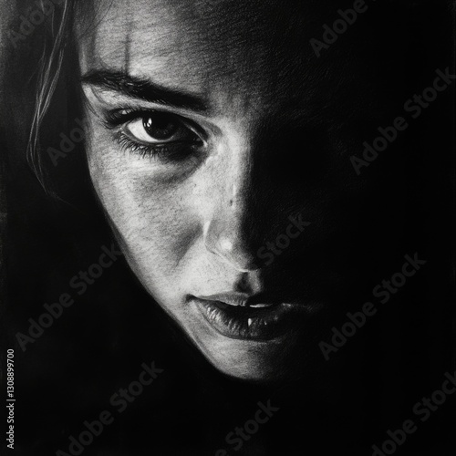 Black and white portrait of a woman's face with subtle features