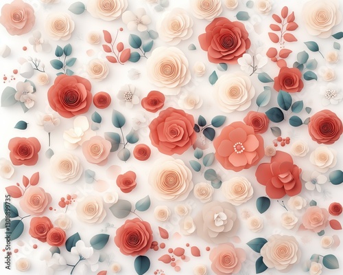 A colorful floral pattern with many red roses and white flowers