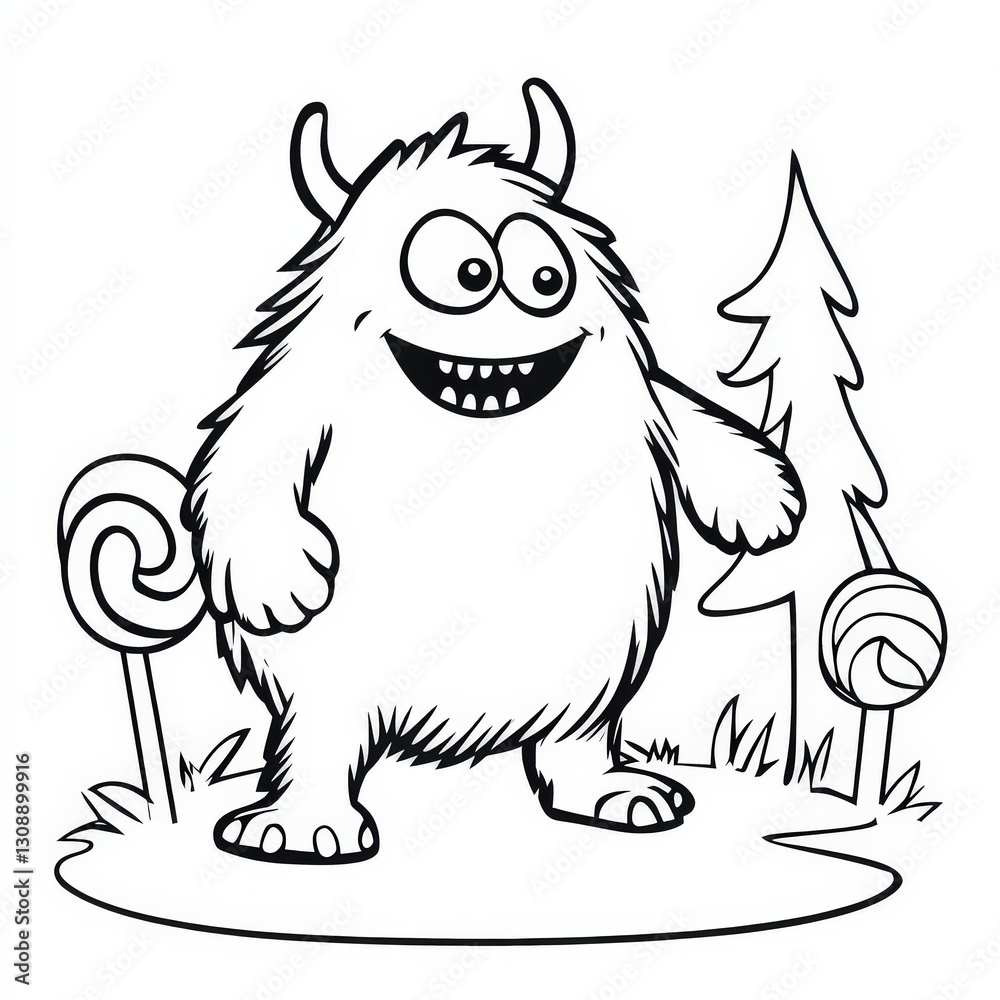 Obraz premium cartoon outline, Friendly monster exploring a candy land with lollipop trees