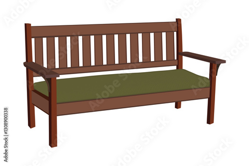 A wooden bench with a green cushion on it