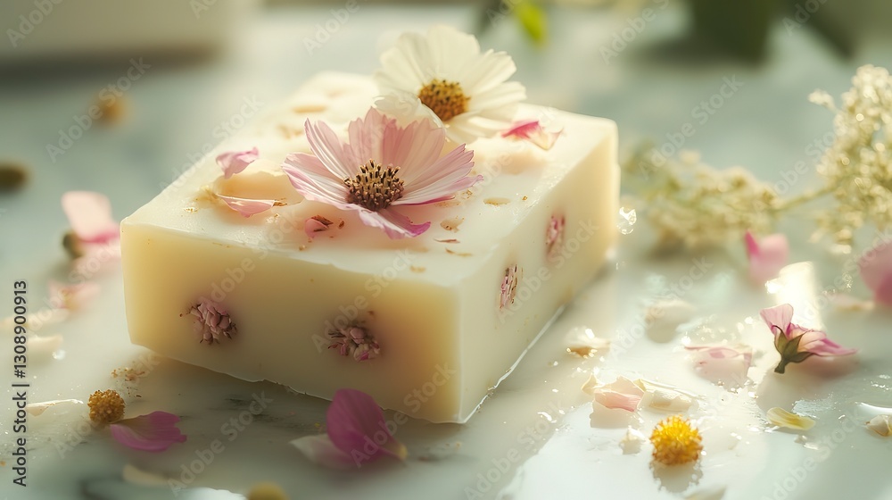 Soap bar with embedded flowers on vanity counter, diffused daylight, soft pastel colors, scattered petals, and delicate feminine feel, eye-level shot. Soap bar with embedded flowers on vanity counter, diffused daylight, soft pastel colors, scattered petals, and delicate feminine feel, eye-level shot.