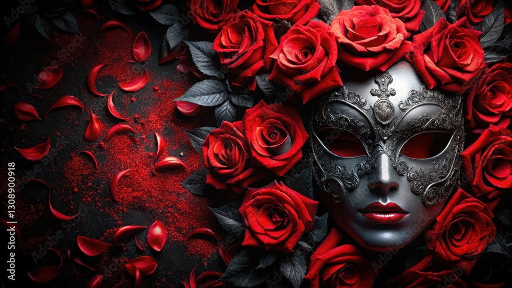 Dark mysterious black stone background with a red velvet black Venetian mask on top surrounded by blood-red roses in full bloom, elegance, black venetian mask Dark mysterious black stone background with a red velvet black Venetian mask on top surrounded by blood-red roses in full bloom, elegance, black venetian mask