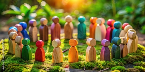 Colorful wooden figures with diverse shapes and sizes forming a circle of unity and harmony in nature, colorful, diversity