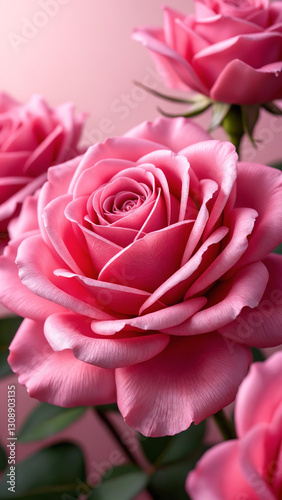 Vivid pink roses captured in a close-up, showcasing their lush petals and rich hues. Background is softly blurred, creating a delicate and romantic ambiance