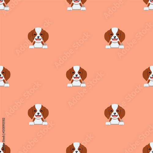 Vector cartoon character cute cavalier king charles spaniel dog seamless pattern background for design.