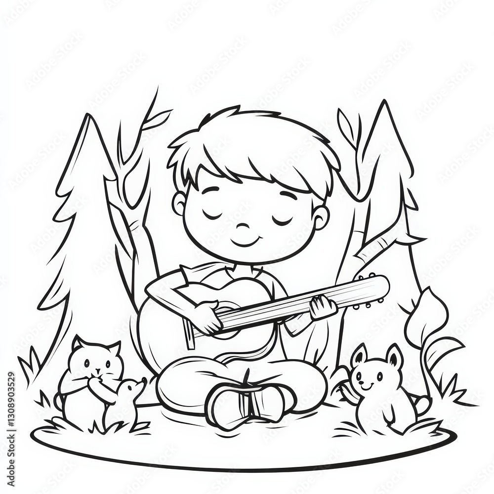 cartoon outline, Tiny prince playing a lute and singing to the woodland creatures cartoon outline, Tiny prince playing a lute and singing to the woodland creatures