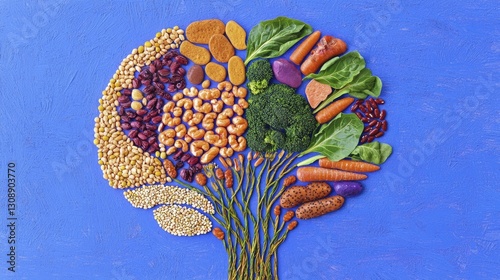A brain with roots reaching into a bowl of healthy food, visually illustrating the connection between nutrition and mental well-being.