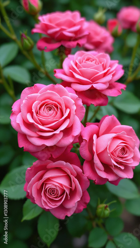 Vivid pink roses captured in a close-up, showcasing their lush petals and rich hues. Background is softly blurred, creating a delicate and romantic ambiance