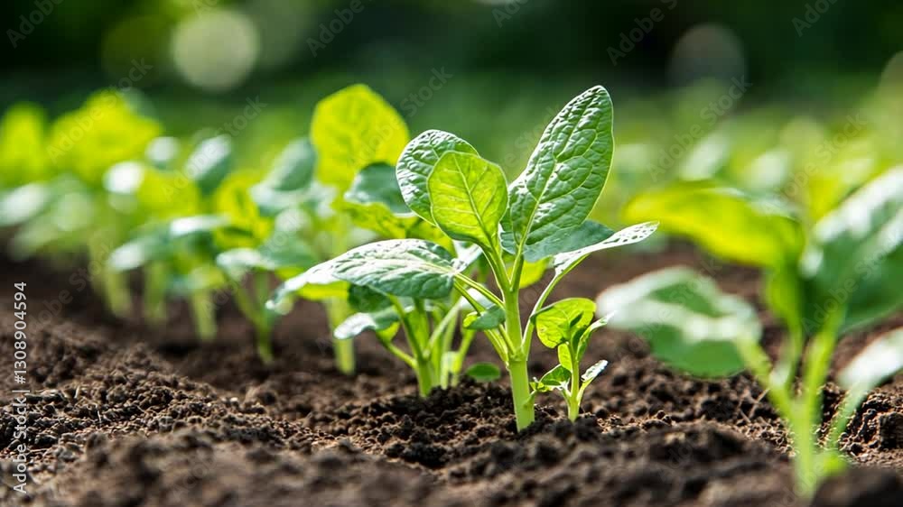 Close-Up of Young Plants Growing in Rich Soil for Agriculture and Sustainable Farming Close-Up of Young Plants Growing in Rich Soil for Agriculture and Sustainable Farming