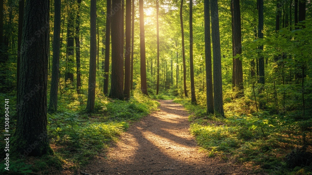 Obraz premium A sunlit path winds through a peaceful and dense forest