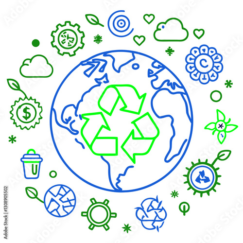 A vector illustration depicting a sustainable planet with recycling symbols and eco-friendly icons, promoting environmental awareness and responsible waste management.