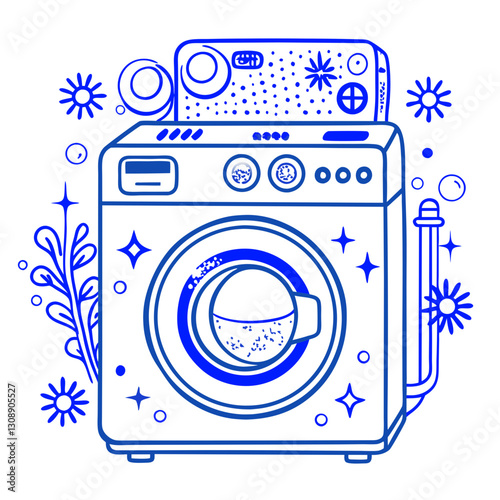 A vector graphic of a washing machine with eco-friendly elements, emphasizing sustainable home appliances and water conservation in household chores and laundry.