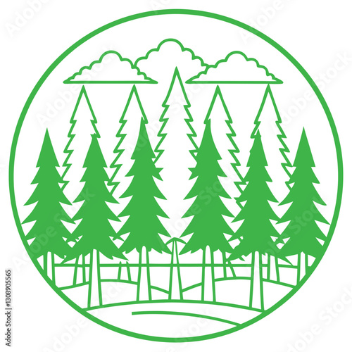 A lush vector illustration of evergreen trees in a circle, symbolizing forest conservation and the significance of preserving natural habitats for wildlife and ecology.