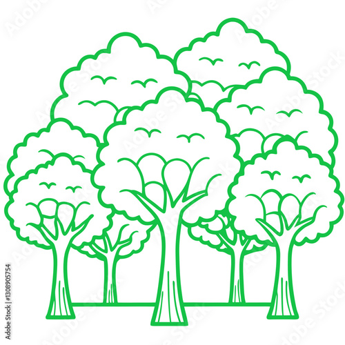 A vector illustration of a group of trees, highlighting the significance of green spaces in urban areas for community health and environmental preservation initiatives.