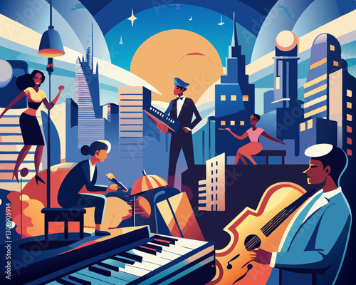 Vibrant music performance illustration with musicians