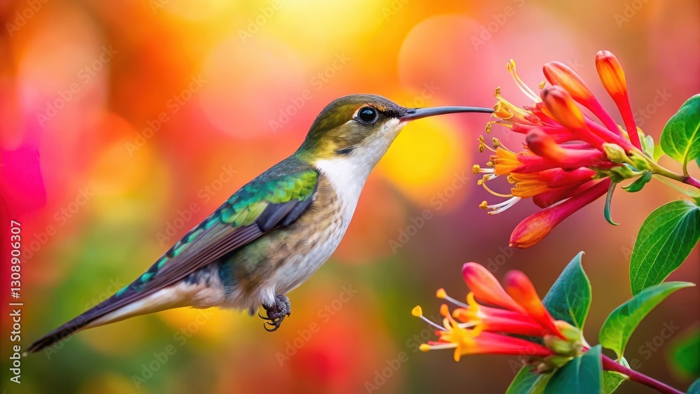 Fototapeta premium A colorful hummingbird perches on a honeysuckle flower