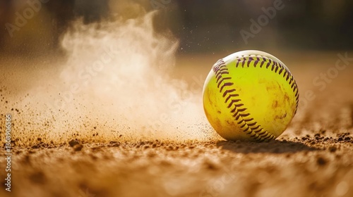 A softball sits on the dirt field amidst a cloud of dust