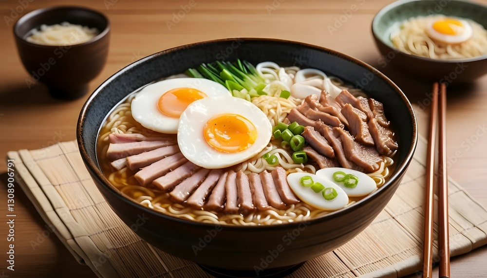 Delicious Ramen Noodle Soup with Egg and Pork on a Wooden Table Delicious Ramen Noodle Soup with Egg and Pork on a Wooden Table