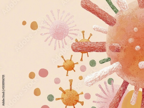 Clean diagram illustrating immune response, showcasing antibodies and pathogens in vibrant colors with arrows showing their interactions.