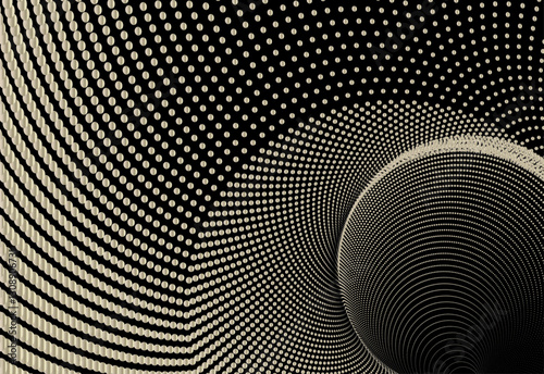 Dynamic golden colored halftone dots: abstract wave patterns for technology and sound, particle wave motion, and halftone gradient on a black background.