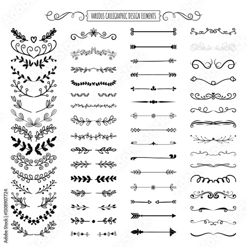 Floral and Leaf Ornament Dividers Hand-Drawn Vine Decorations Elegant Floral Borders Intricate Leaf Ornaments Ink Flourishes Arrow Embellishments Victorian Style Doodles Decorative Sketched Vector Set