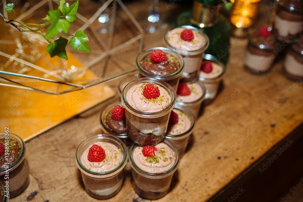Chocolate mousse desserts with raspberries. Chocolate mousse desserts with raspberries.