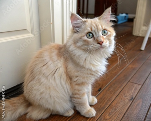 White cat with orange stripes by the door, fluffy and cute