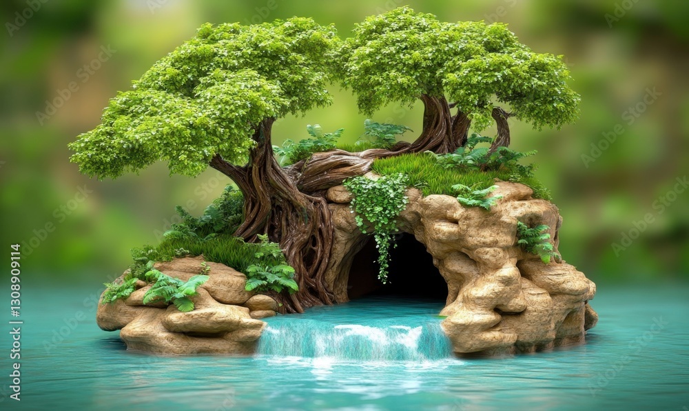 Miniature island with trees, cave, waterfall in tranquil water, ideal for fantasy art Miniature island with trees, cave, waterfall in tranquil water, ideal for fantasy art