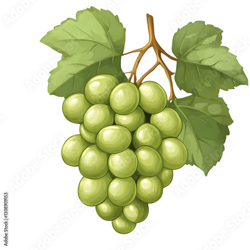 Bunch of Fresh Green Grapes with Leaves Isolated on a White Background: A Vibrant Display of Sweet, Juicy Grapes Ready for Enjoyment