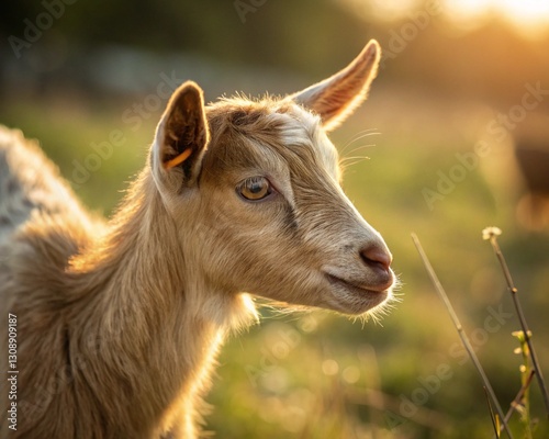 A close-up of a baby goat with perky ears and a curious expression