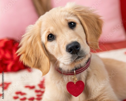 A golden retriever puppy, looking directly at the viewer with big, loving eyes