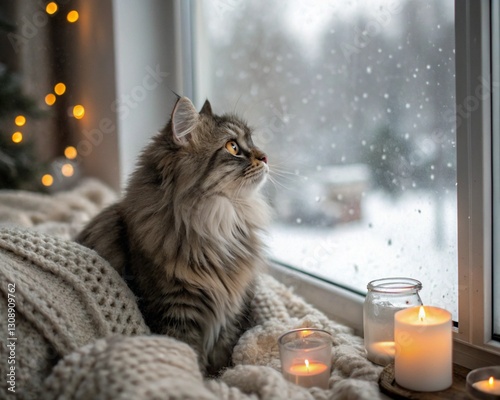 A fluffy cat with thick winter fur, sitting by a snowy window. Its big, gentle eyes reflect the falling snowflakes outside