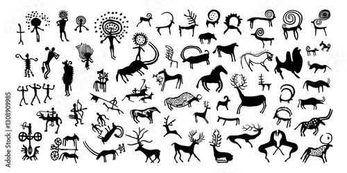 Black and white vector illustration of ancient cave paintings on rocks in Kazakhstan. Big collection Central Asian Petroglyphs isolated on white background. Primitive silhouette of people and animals