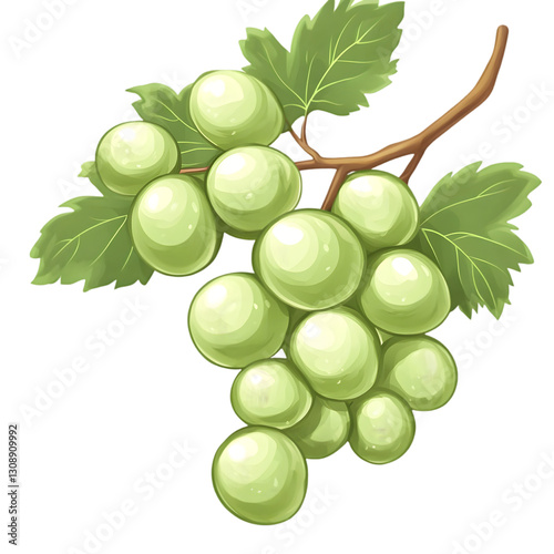 Bunch of Fresh Green Grapes with Leaves Isolated on a White Background: A Vibrant Display of Sweet, Juicy Grapes Ready for Enjoyment