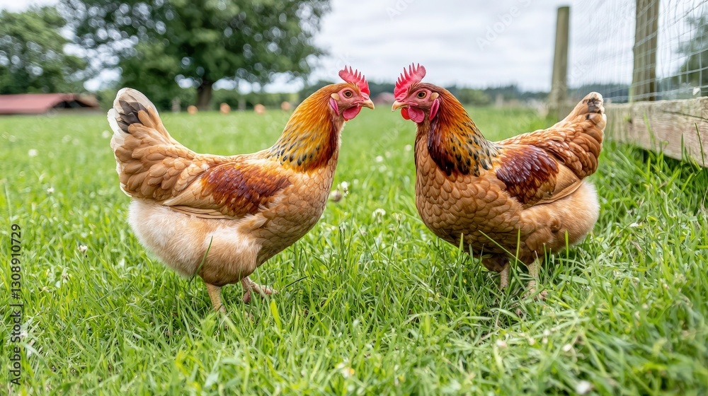 Fototapeta premium Two hens facing each other in a grassy field.