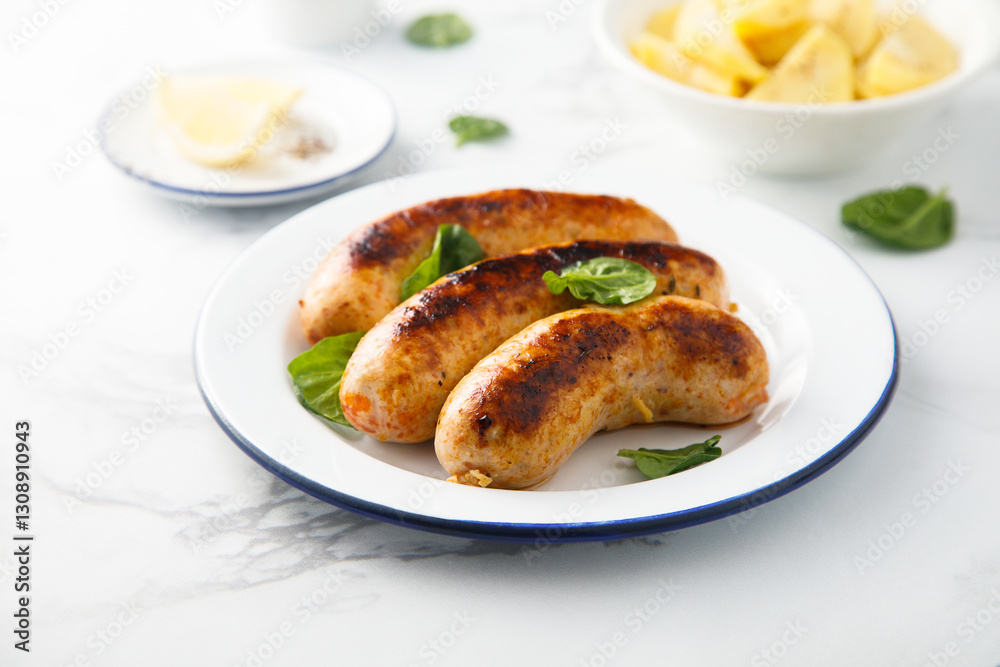 Homemade sausages served with potato salad Homemade sausages served with potato salad