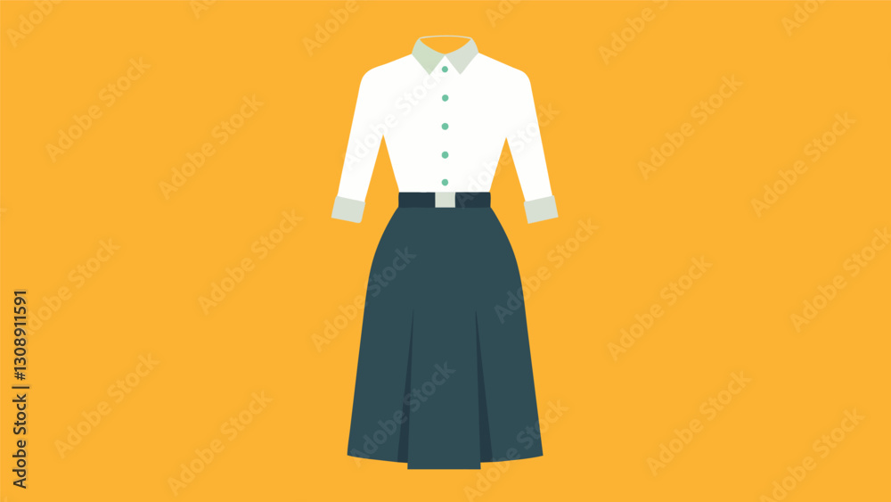 A minimalist yet stylish ensemble featuring a crisp white buttonup and a tailored midi skirt both thrifted.. Vector illustration