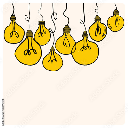 Idea concept with lamp bulbs. Yellow light bulb glowing, creative thinking and innovation. Glass bulb hang on rope, new mind classy vector concept