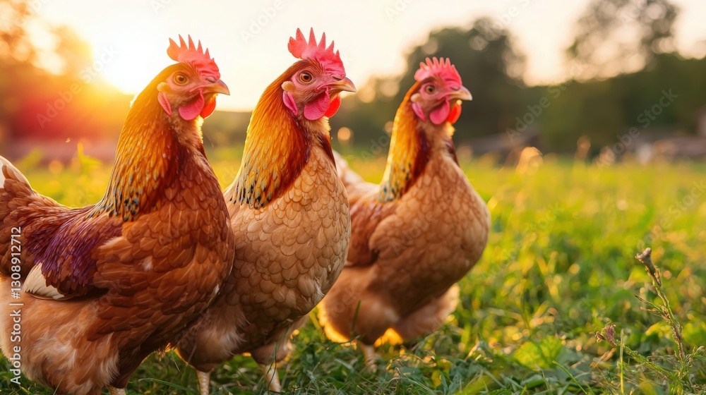 Fototapeta premium Three Chickens at Sunset in a Field