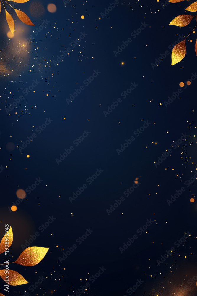 Fototapeta premium Elegant Navy Background with Golden Leaves and Bokeh Copy Space