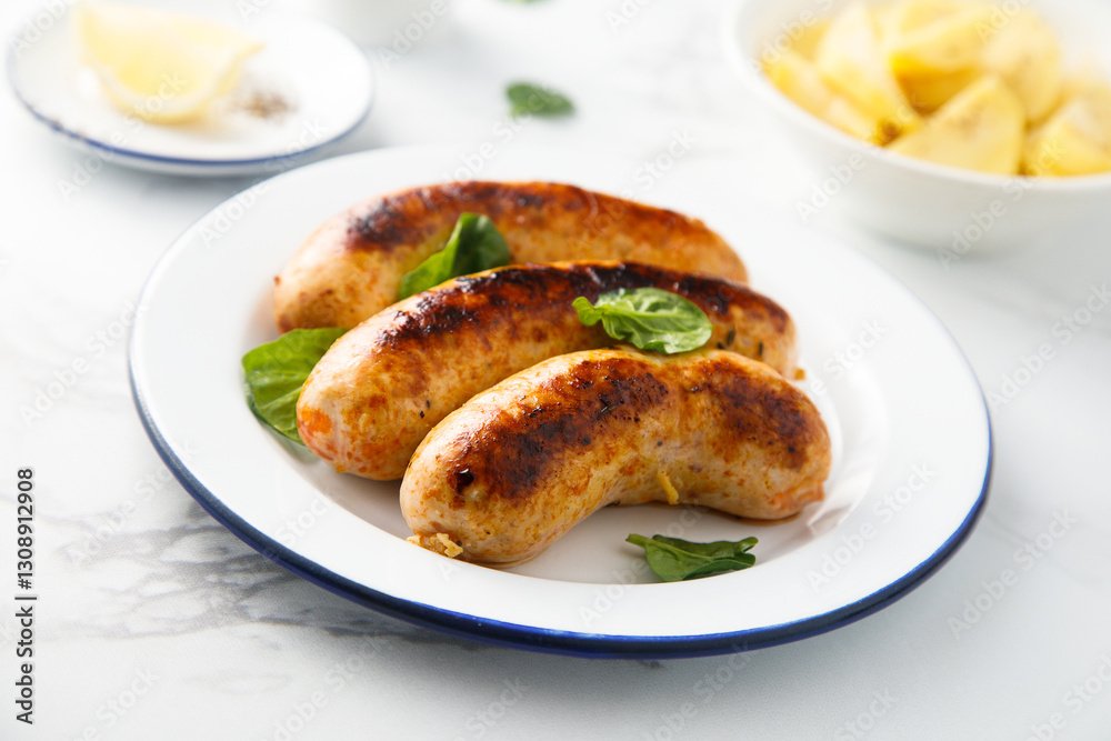 Homemade sausages served with potato salad