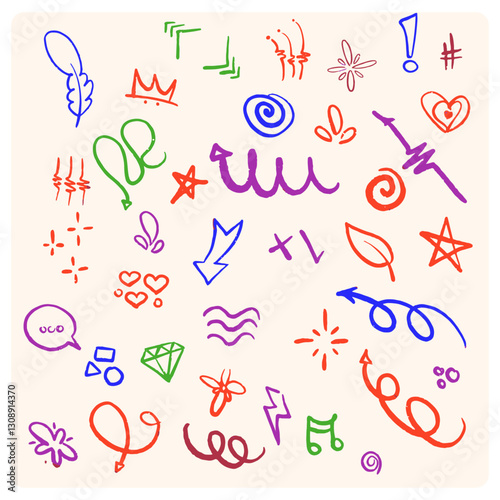 Hand drawn colored doodle design elements, charcoal or pencil drawn punctuation marks