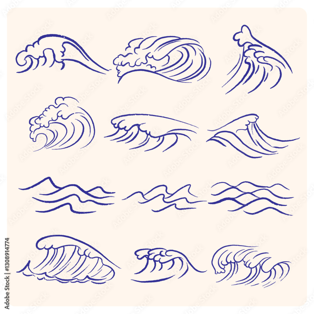 Obraz premium Ocean waves charcoal or pencil drawn illustration. Oriental waves illustration icon set. Japanese waves. Linear style.