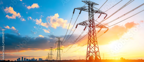 Power lines at sunset energy infrastructure urban landscape nature scenic viewpoint industrial concept